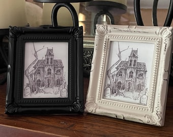 Haunted House with Graveyard print with Frame, 4 x 3.5 inches