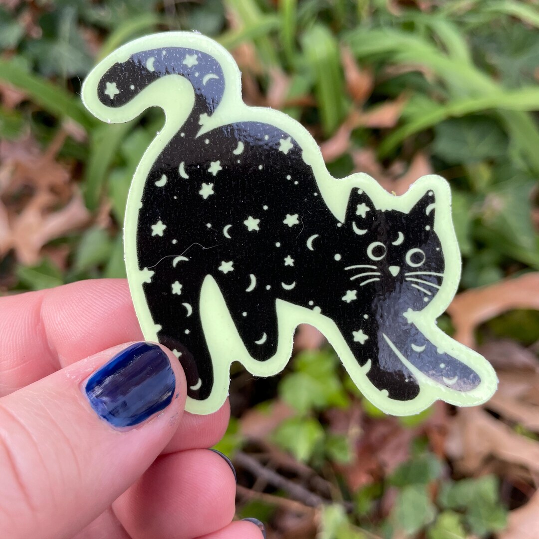 Moon and Stars Cat Vinyl Sticker, Glow in the Dark, Waterproof Sticker ...