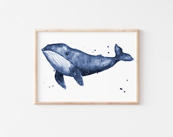 May include: A watercolor painting of a blue whale with white splatter paint in the background. The whale is swimming to the right and has a white belly.