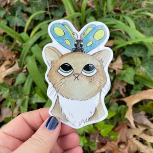 Cat with butterfly friend vinyl sticker, waterproof vinyl sticker, glossy sticker, stocking stuffer
