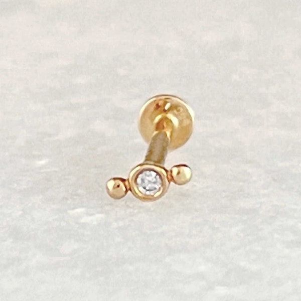 Diamond Flat Back Cartilage Stud, Tiny 14k Gold Helix, Tragus, Conch Earring, Minimalist Screw Back Labret, Cool, Edgy Piercing Jewelry