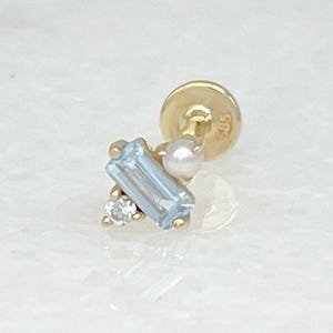 Blue Topaz & Pearl Flat Back Earring, 14k Baguette Cartilage Stud for Helix or Conch, Dainty Piercing Jewelry for Bride, June Birthday Gift