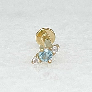 Blue Topaz Cartilage Earring, 14k Flat Back Helix, Tragus or Conch Stud, Dainty Bridal Piercing, Solid Gold December Birthstone Jewelry