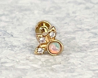 14K Gold Opal Lotus Flower Earring: Helix, Tragus, Conch Flat Back Piercing Stud