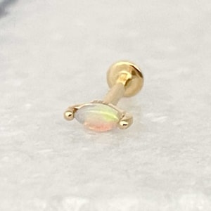 Opal Cartilage Earring, Helix, Tragus or Conch Flat Back Stud, 14k Solid Gold and Marquise Gemstone Piercing Jewelry, Two of Most