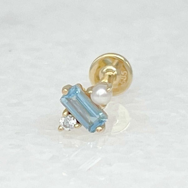 Blue Topaz & Pearl Earring, 14k Flat Back Baguette Cartilage Stud for Helix or Conch, Dainty Piercing Jewelry for Bride or June Birthday