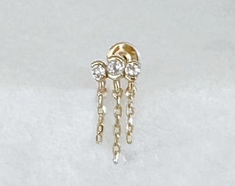 14k Gold Dangling Chain Helix Earring: White Sapphire Flat Back Cartilage Stud