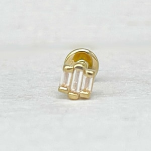 Baguette Helix Earring, Gold Flat Back Cartilage, Tragus, Conch Stud, Solid 14K & Gemstones, Dainty, Minimalist 18g Labret Piercing Jewelry