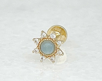 Aquamarine Starburst Flat Back Earring: 14k Screw Back Blue Helix, Conch, or Lobe Stud