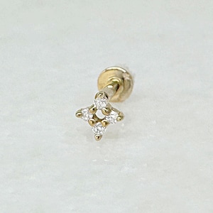 Diamond Star Flat Back Earring, 14k Gold Helix, Tragus or Conch Stud, Tiny Minimalist Screw Back Cartilage Piercing Jewelry, Two of Most