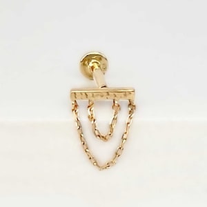 Chain Flat Back Cartilage Earring, 14k Gold Bar Stud, Minimalist Helix or Conch Dangle for Men & Women, Edgy Piercing Jewelry, Two of Most