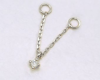 White Gold Diamond Earring Charm, Chain Connector with Floating Gem, 14k Connected Double Piercing Jewelry, Chain Stud Helix or Lobe Charm
