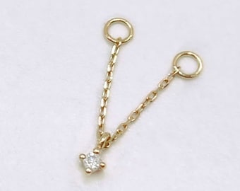Diamond Earring Charm, 14k Chain Stud Connector with Floating Gemstone, Connected Double Piercing Earring, Helix or Two Hole Dangle Jewelry