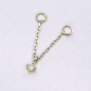 White Gold Diamond Earring Charm, 14k Connector Chain with Floating Gem, Connected Double Piercing Jewelry, Chain Stud Helix or Lobe Charm
