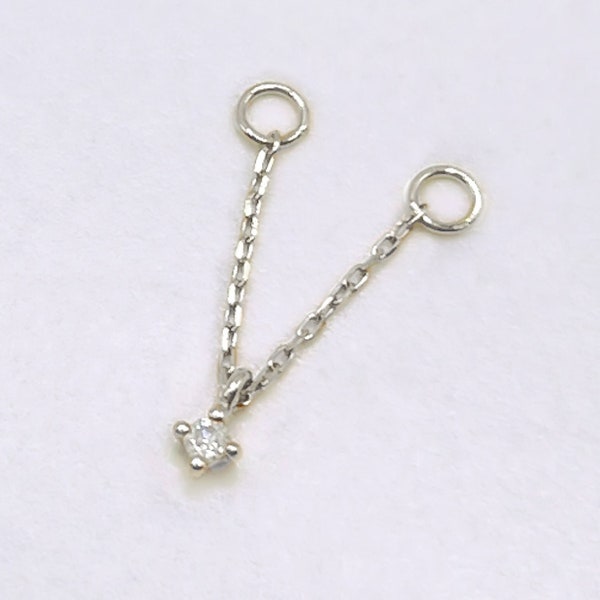 White Gold Diamond Earring Charm, 14k Connector Chain with Floating Gem, Connected Double Piercing Jewelry, Chain Stud Helix or Lobe Charm