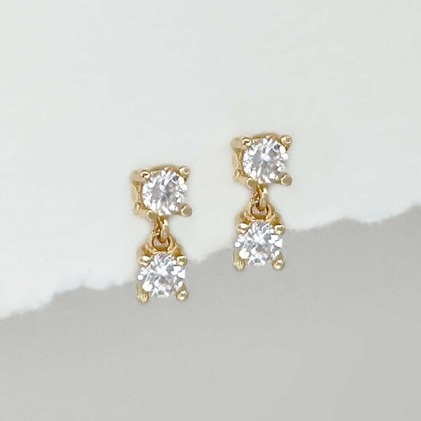Dangling 2 Stone Gold Stud Earrings, Solid 14k Gold & Gemstones, Modern Stud Earrings, Minimalist Bridal Jewelry and Gifts from Two of Most