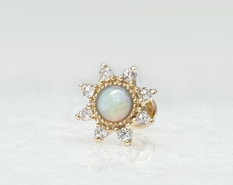 Opal Starburst Gold Helix Earring, Flat Back Cartilage or Conch Stud, Dainty Gemstone & Solid 14k Piercing Jewelry and Gifts, Two of Most