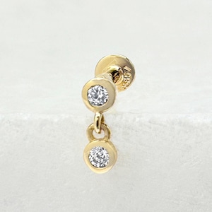 Diamond Dangle Cartilage Stud, 14k Gold Flat Back Helix, Tragus, Conch Nap Earring, 18g Screw Back Labret, Diamond Bezel Piercing Jewelry