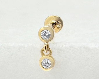 Diamond Dangle Cartilage Stud, 14k Gold Flat Back Helix, Tragus, Conch Nap Earring, 18g Screw Back Labret, Diamond Bezel Piercing Jewelry