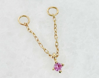Pink Sapphire Earring Charm, 14k Connected Stud Chain with Floating Gemstone, Double Piercing Connector, Helix or Two Hole Dangle Jewelry