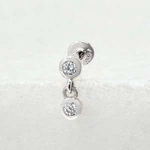 Diamond Dangle Cartilage Stud, 14k White Gold Flat Back, Helix, Tragus or Conch Nap Earring, 18g Screw Back Labret, Diamond Piercing Jewelry