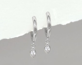Sterling Silver Hoops with Charm, Dangle Huggie Earrings for Helix or Second Hole