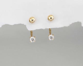 Circular Barbell Front Back Hoop Earrings: 14k Gold Plated Sterling Silver & Cubic Zirconia