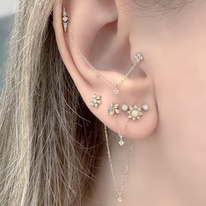 14k Gold Chain Connector Earring Set of 3: Cartilage & Double Piercing Charms