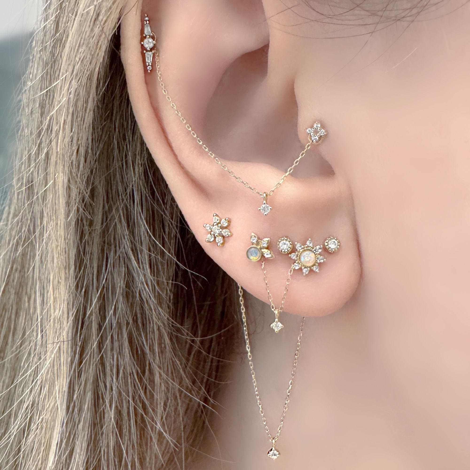 14k Gold Chain Connector Earring Set of 3: Cartilage & Double Piercing Charms