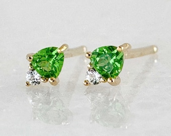 Green Tsavorite Earrings, 14k Gold Garnet & White Sapphire Push Back Studs, Minimalist January Birthstone Jewelry Gifts for Women and Girls