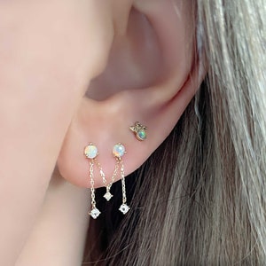 Floating Opal Chain Stud Earring Charm on double pierced lobe
