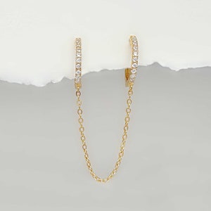 Connected Hoop Earrings, Double Piercing Jewelry, 2" Helix to Lobe Chain, 18k Gold & Sterling Silver Huggies, Edgy Gifts from Two of Most