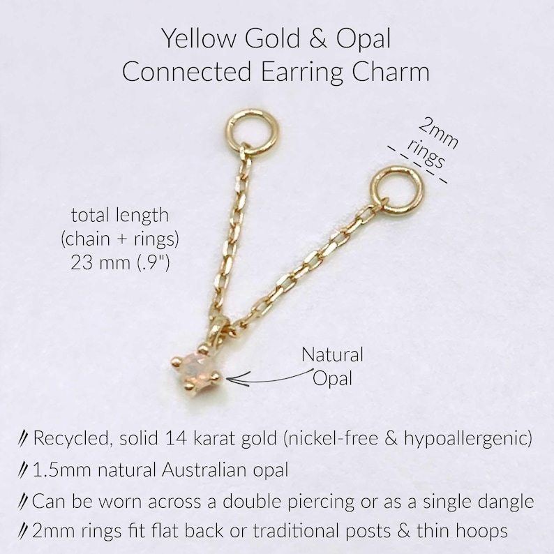 Specs for Pink Sapphire & Gold Chain Earring Charm for Two Hole Piercing, .9" long, 2mm jump rings, solid 14k gold and opal