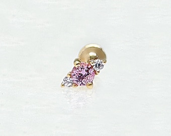 Pink Sapphire Flat Back Earrings, Tragus, Helix or Conch Nap Stud, Dainty 14k Gold Single Cartilage Piercing, September Birthstone Jewelry