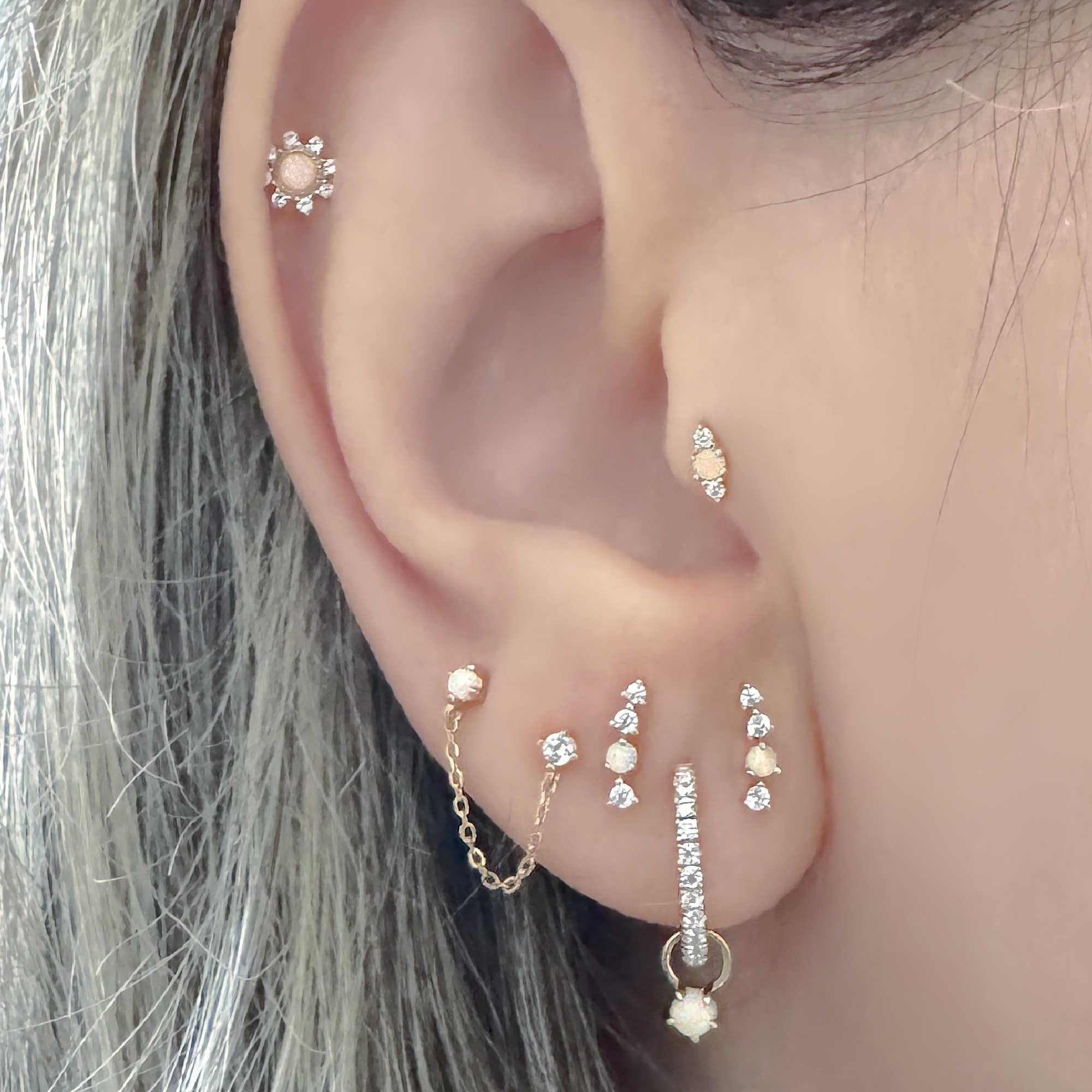 Opal Double Piercing Earring: Chain Connected Two Hole Stud - Etsy