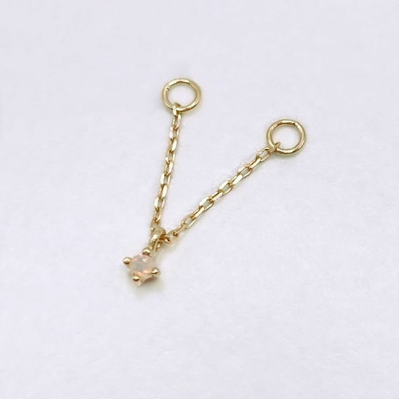 14k Gold Floating Opal Chain Earring Charm: Connected Double Piercing Jewelry