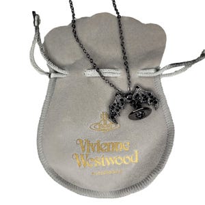 Vivienne Westwood Necklace, Black Imp Wings Saturn Pendant, Diamond CZ, Ideal Gift For Her