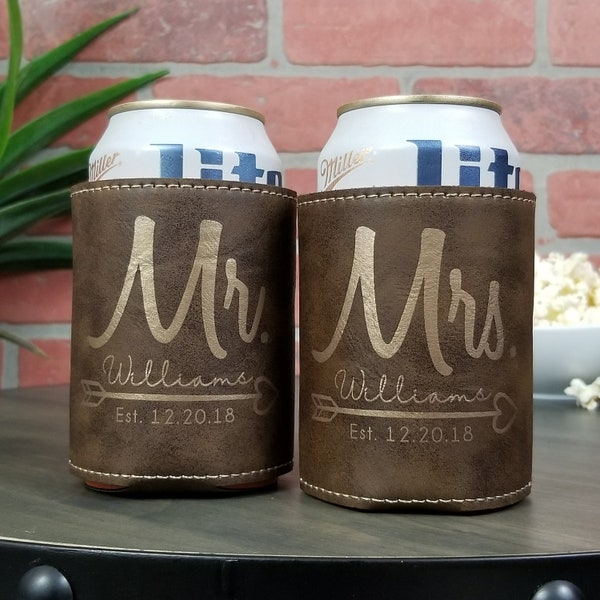 FREE Personalization Mr. and Mrs. Leather Insulated Beverage Sleeve Cozie, wedding, leather anniversary, for couple, wedding gift