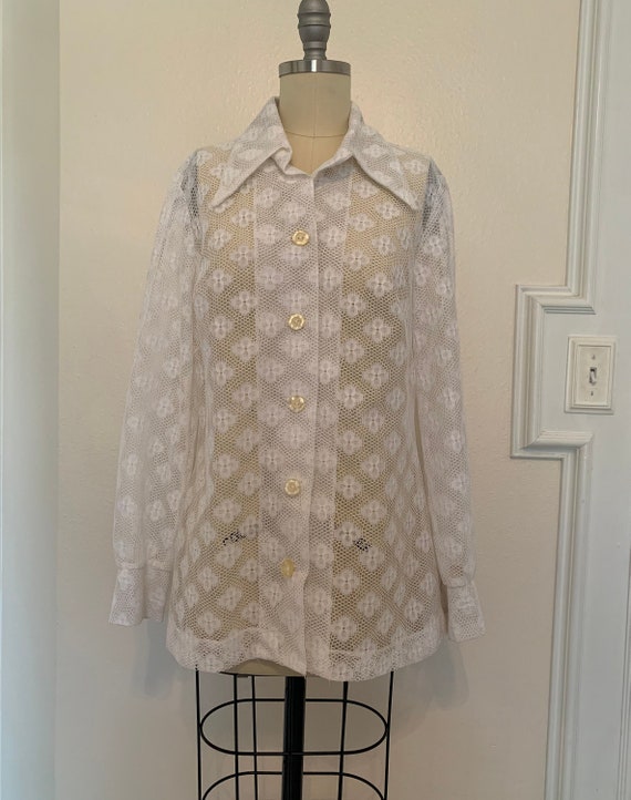 Vintage 70s White Cotton Lace Floral Button Up Blo