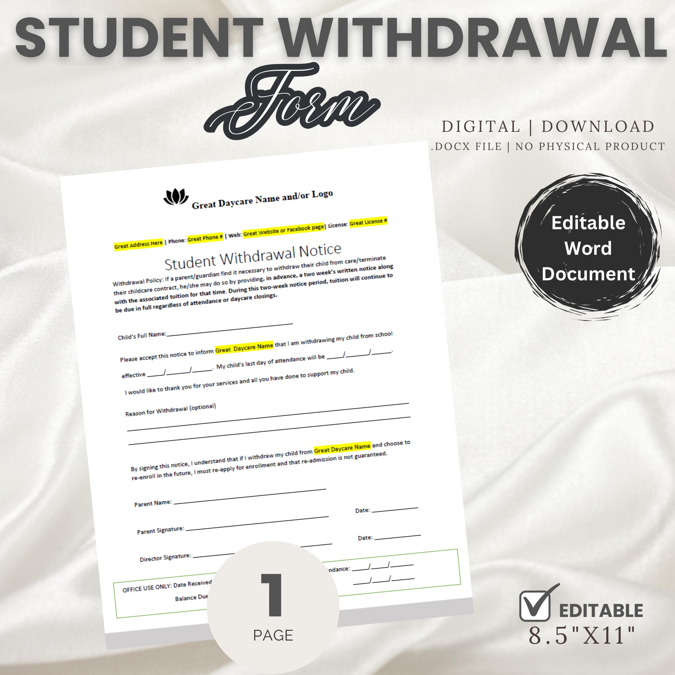 Editable Student Withdrawal Notice for Daycare | Childcare Termination ...