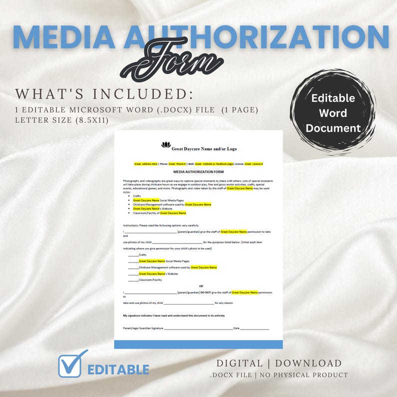 Photo Authorization Form Editable Media Authorization Form for Daycare | Photo & Video Consent ...