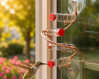Window Hummingbird Feeder, Spiral, Copper, Glass, Handmade, Modern, Multi Station, Bird Lover Gift