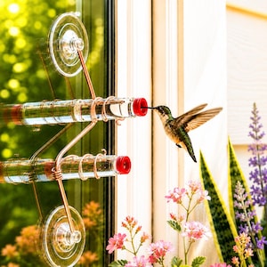 Comedero para colibríes de ventana, comedero geométrico, hecho a mano en cobre y vidrio, moderno, regalo para amantes de las aves.