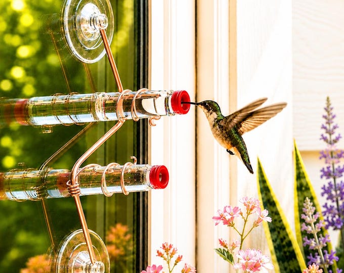 Window Hummingbird Feeder, Geo Feeder, Handmade Copper, Glass, Modern, Bird Lover Gift