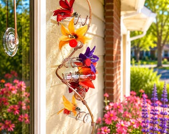 Modern Copper 6-Station Spiral Hummingbird Feeder with Silk Flowers