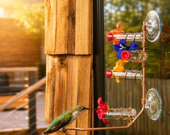 Window Hummingbird Feeder, Four Station Perch Feeder, Copper, Glass, Handmade, Modern, Bird Lover Gift