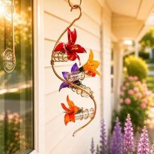 Window Hummingbird Feeder, Four Station, Spiral Feeder, Copper, Glass, Handmade, Bird Lover Gift