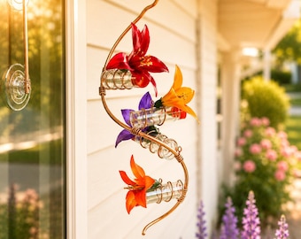 Window Hummingbird Feeder, Four Station, Spiral Feeder, Copper, Glass, Handmade, Bird Lover Gift