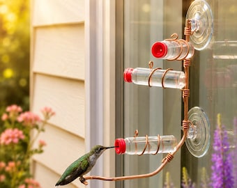 Window Hummingbird Feeder, Three Station Perch Feeder, Copper, Glass, Handmade, Modern, Bird Lover Gift
