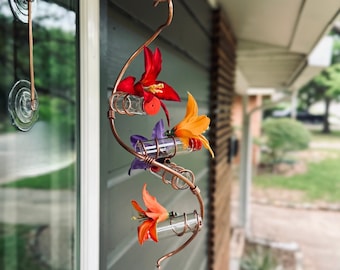 Modern 4 Station Spiral Hummingbird Feeder |  Copper | Silk Flowers | Glass Bottles | New Look